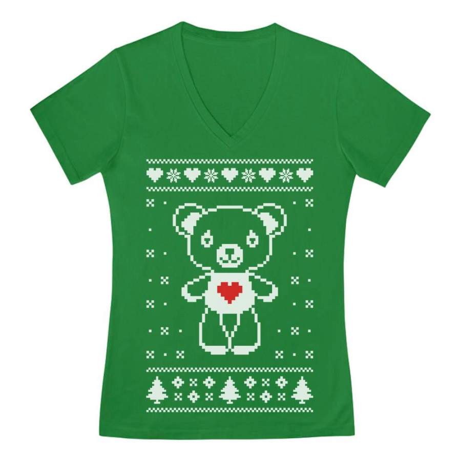 Big White Furry Bear Doll Ugly Christmas Sweater Funny V-Neck Fitted Women T-Shirt