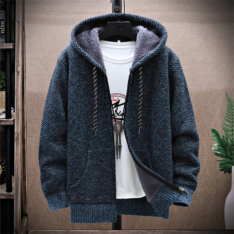 Winter Fleece Sweatercoat Men Thick Warm Hooded Kintted Mens Sweater Cardigan Solid Casual Knitting Jacket Coat Male Clothing alx