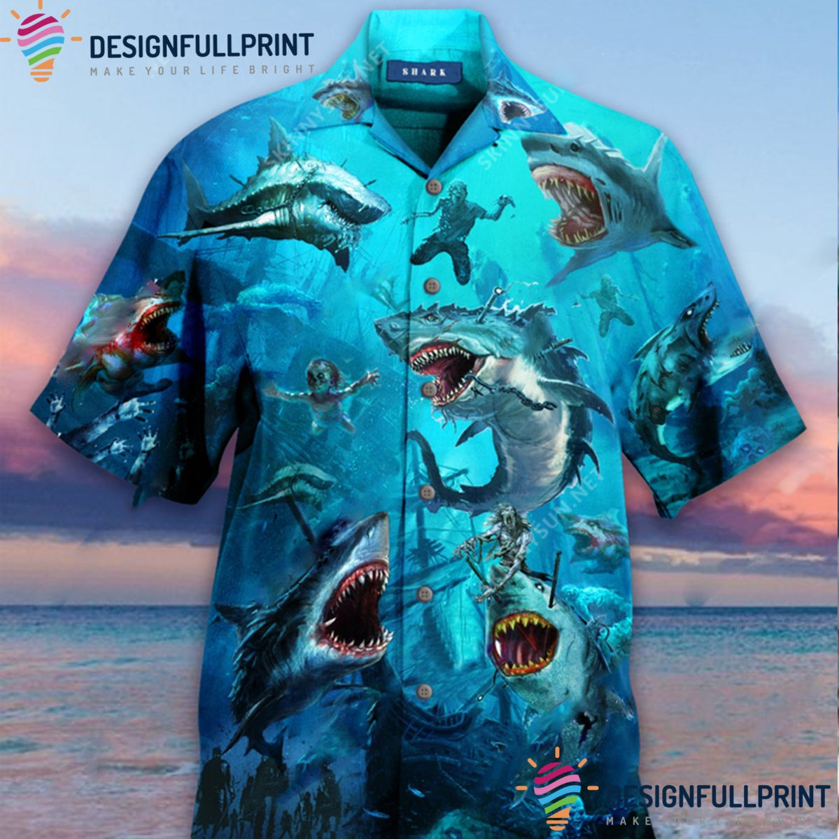 Sharks And Zombies War Unisex Tropical Shirt Tropical Shirt Hawaiian Shirt For Men For Men Ln