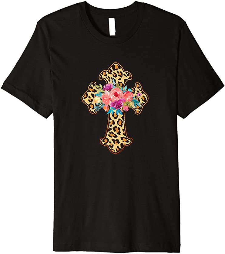 CROSS Jesus Christ Easter Leopard Floral Christian Faith Premium T-Shirt