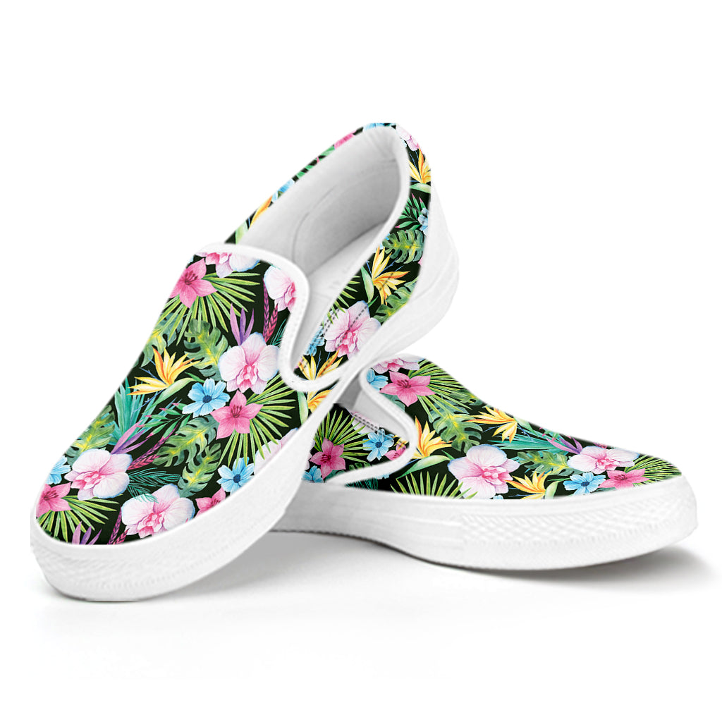 Vintage Tropical Jungle Hawaiian Print White Slip On Shoes