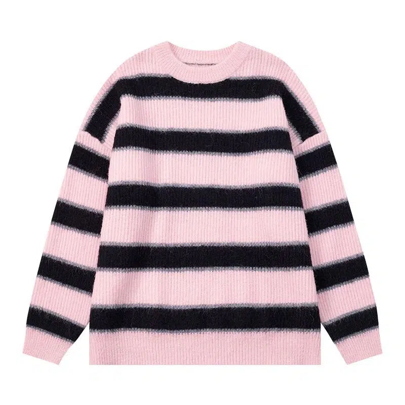 Women Sweater Stripe Knitted Pullover Pink High Street Loose Round Neck Long Sleeve Top Y2K Casual Jumper Pull Sueter Wholesale alx