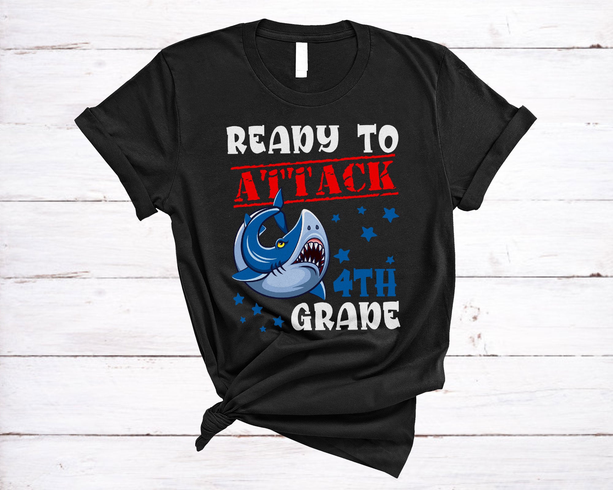 Back To School Shark Shirt Ready To Attack 4Th Grade Funny School Shark Lover Boys Kids Gifts T-Shirt