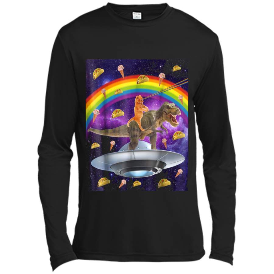 Taco Kitty Rainbow Laser Eye T-Rex Riding Space Cat  Long Sleeve Moisture Absorbing Shirt