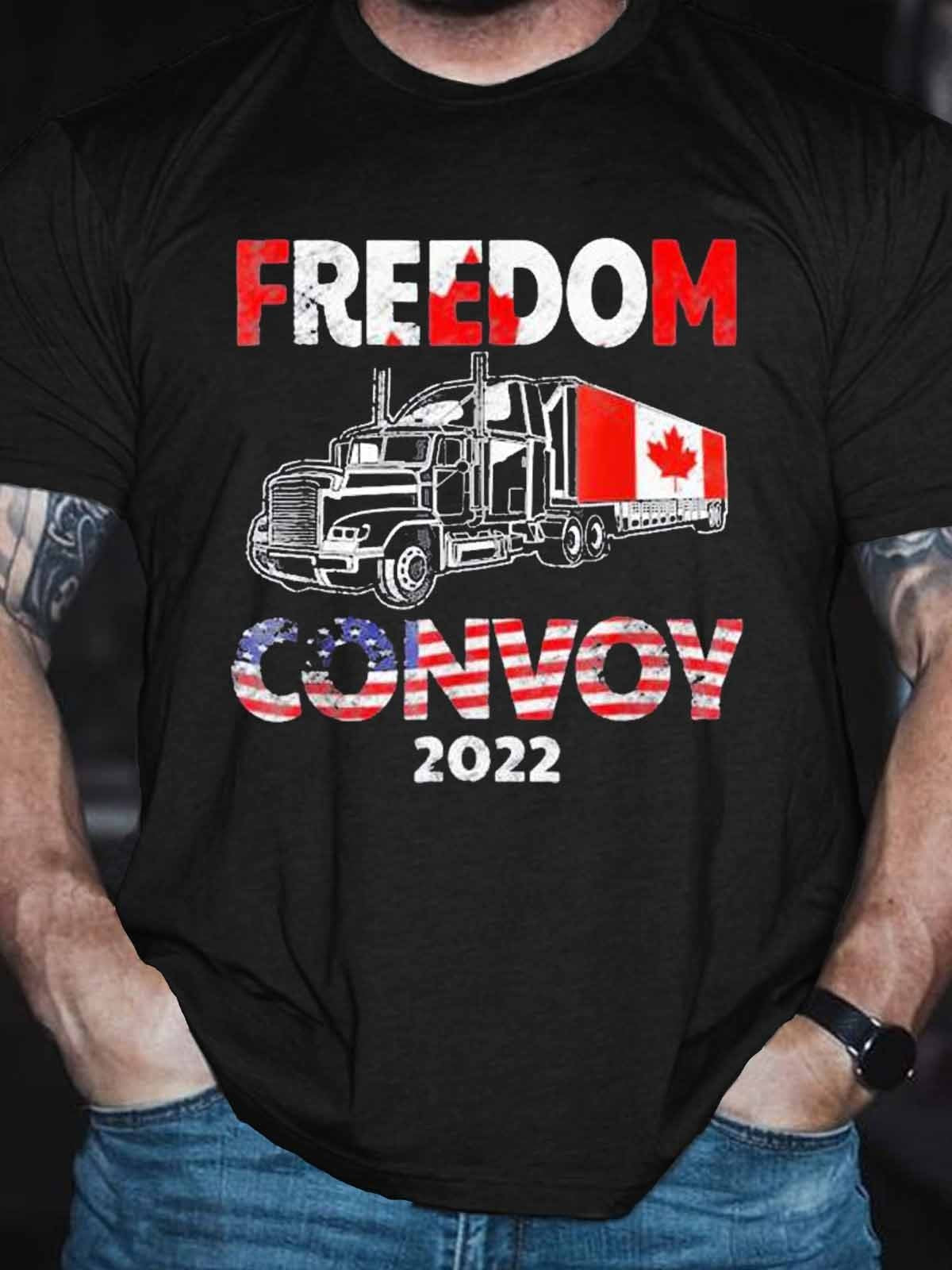 Men’S Freedom Convoy 2022 Trucker American Flag Canada Flag T-Shirt