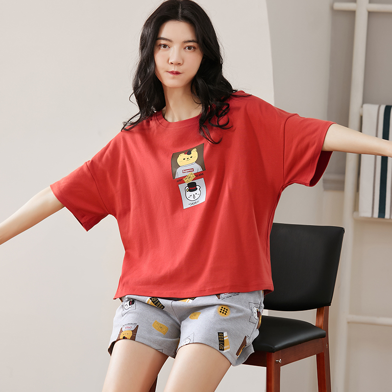 Women Cotton Short Sleeve Pajamas Set 2021 Summer Japanese Simple Cute Pink Ladies Sleepwear Fashion Plaid Cartoon Homewear Suit alx