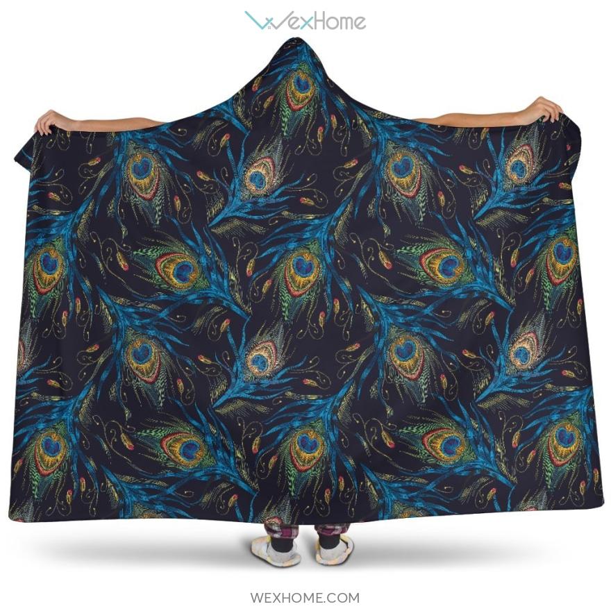 Beautiful Peacock Feather Pattern Hooded Blanket