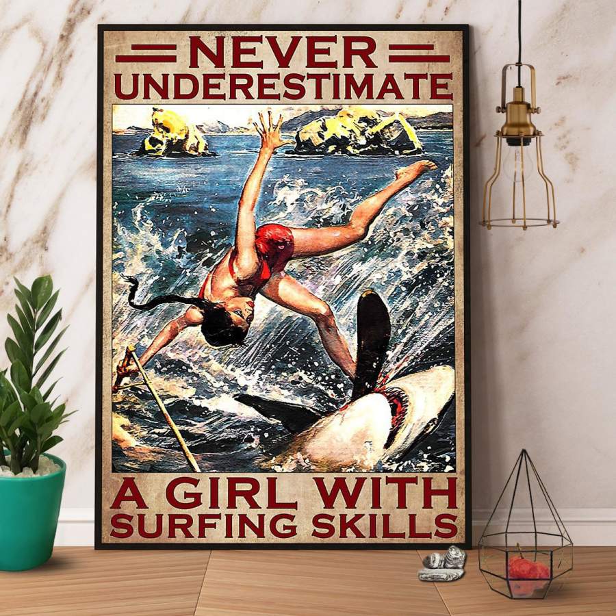 Surfing girl never underestimate shark beach paper poster no frame/ wrapped canvas wall decor full size