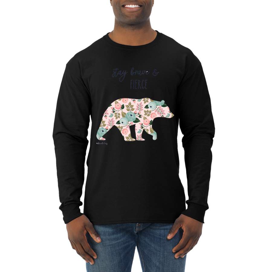 Stay Brave and Fierce Cute Mosaic Flower Bear Animal Lover Mens Long Sleeve Shirt