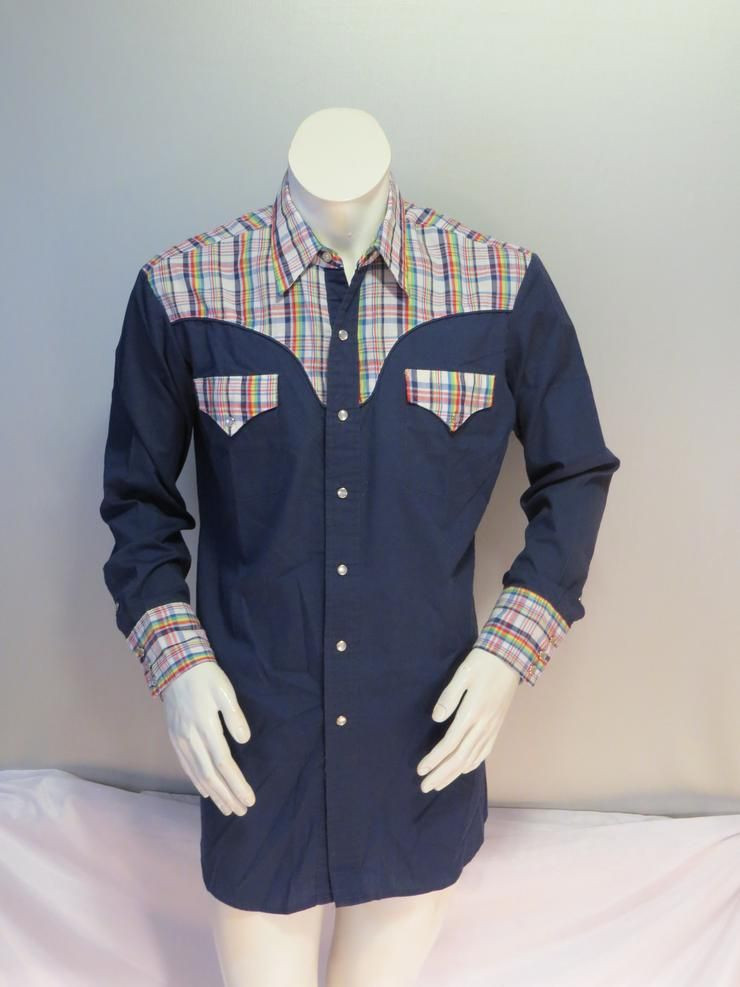 Grand Des Vintage Western Base Bleu Avec Bordure Carreaux Johnny Longtails Hommes Shirt