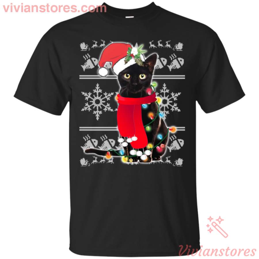 Ugly Christmas Black Cat Santa Scarf Merry Xmas T-Shirt