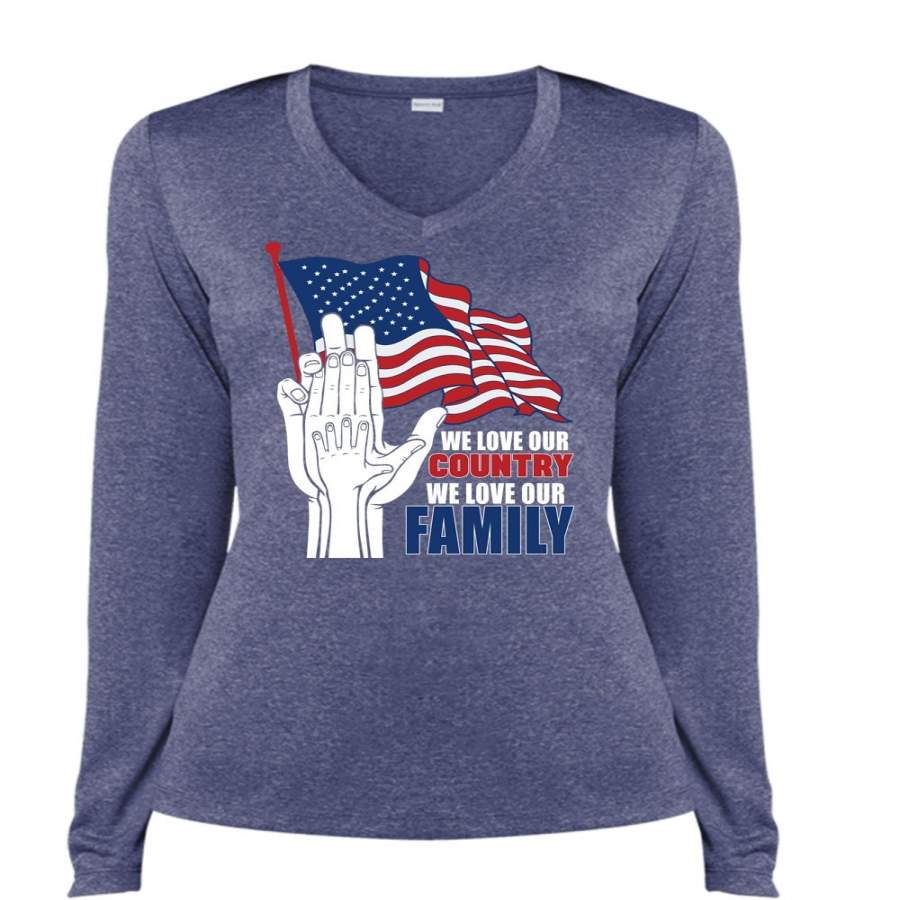 We Love Our Country T Shirt, We Love Our Family T Shirt, Cool Shirt (Ladies LS Heather V-Neck)