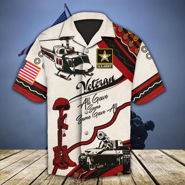 Us Army Veteran All Gave Some Some Gave All Helicopter With Battlefield Cross And Tanks American Flag Veterans Day Hawaiian Shirt