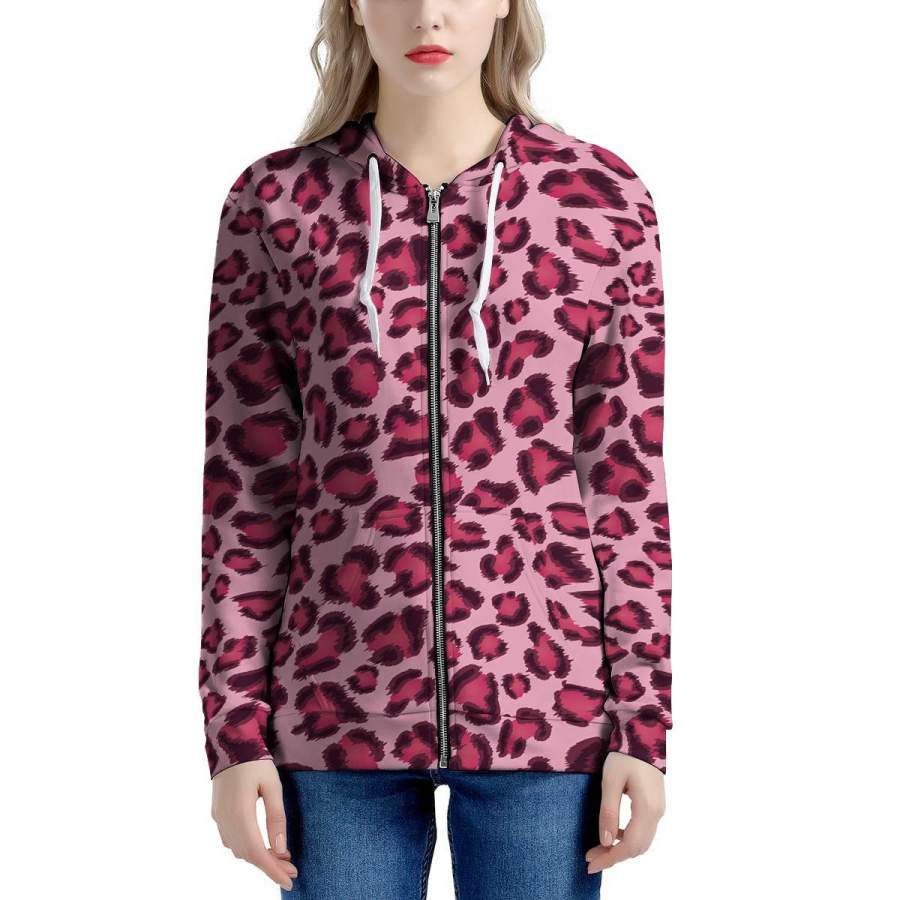 Pink Leopard Print Women’s Zip Up Hoodie