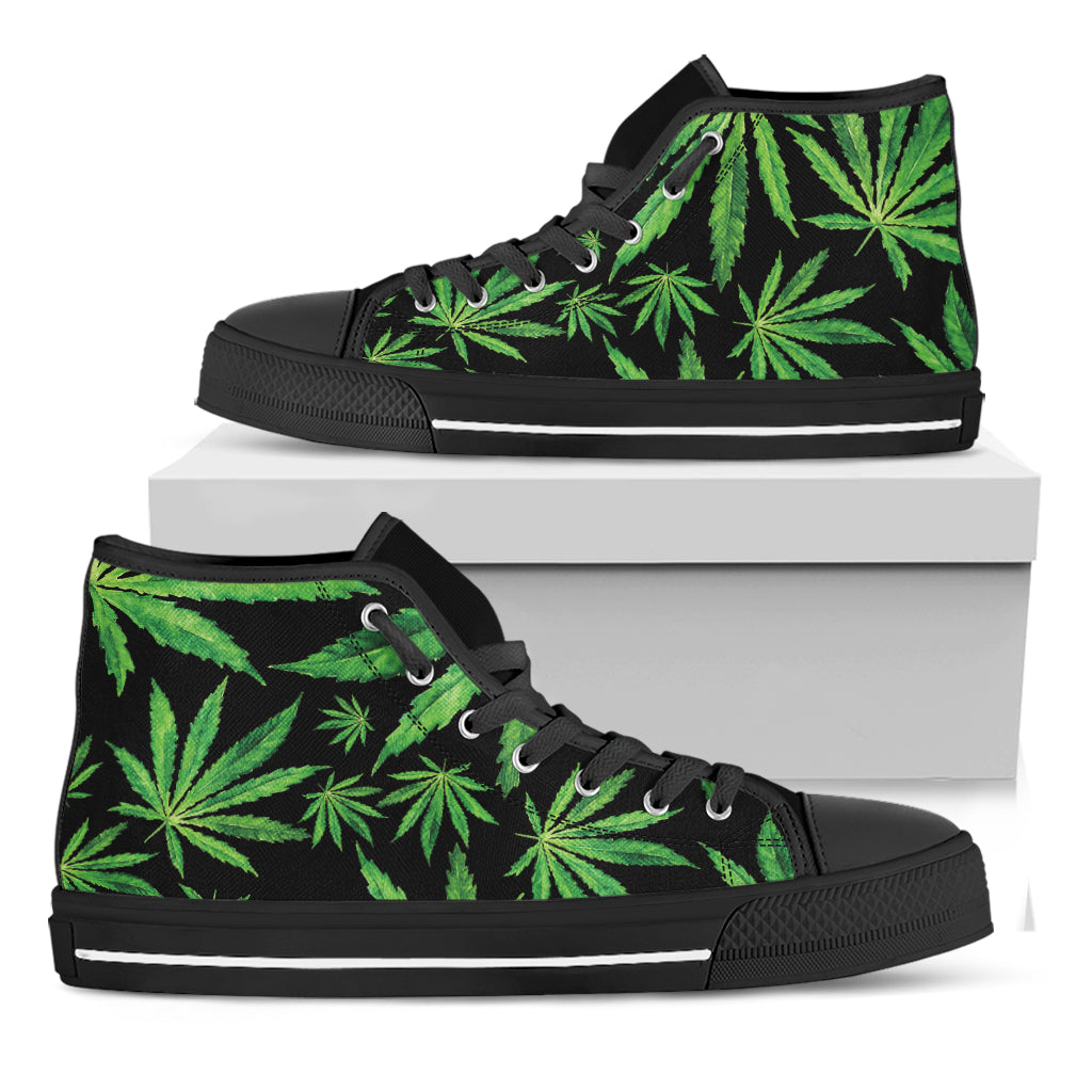 Watercolor Marijuana Leaf Pattern Print Black High Top Shoes