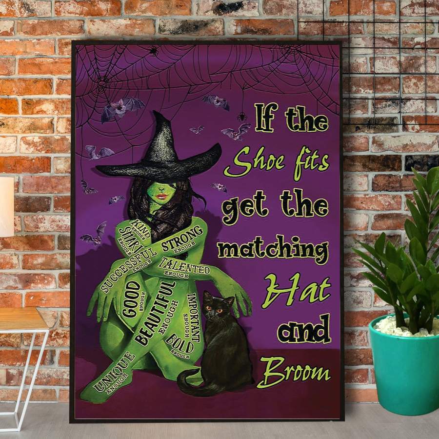 Black cat green witch get the matching hat Halloween poster no frame/ wrapped canvas wall decor full size