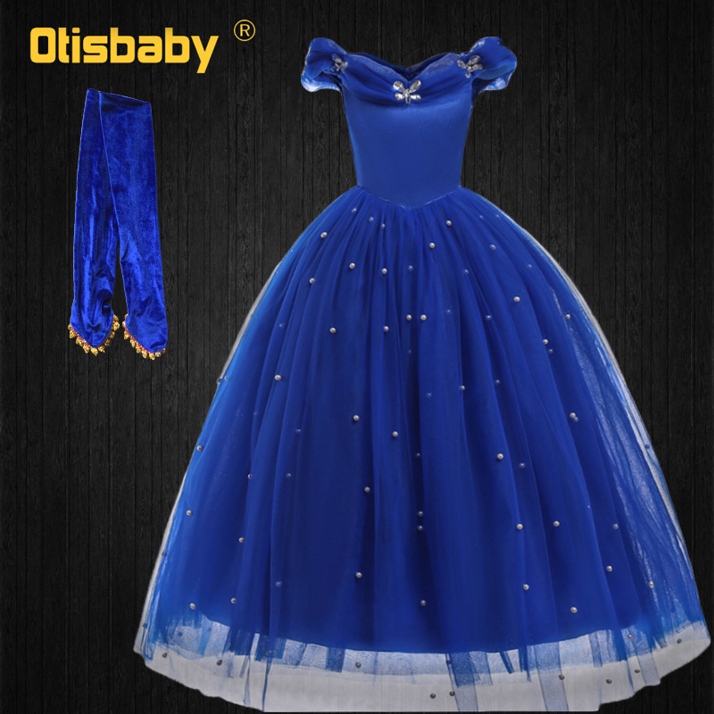 2022 High Quality Children Girls Halloween Princess Cinderella Dress Up Girl Birthday Party Long Dress Kids Tutu Blue Ball Gown alx