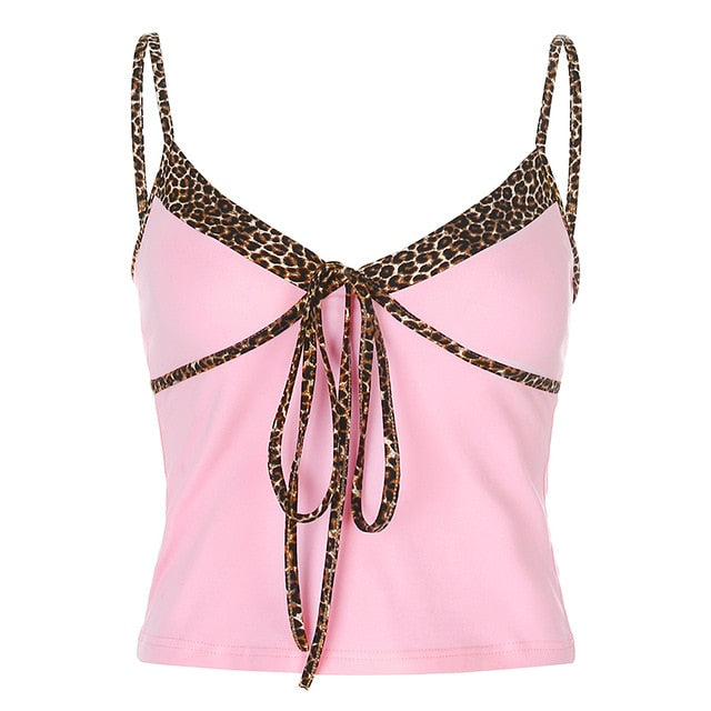 Patchwork Leopard Print Edge Rave Crop Tops Women Sexy Slim Outfit Clubwear V-Neck Sleeveless Ladies Summer Tank Tops