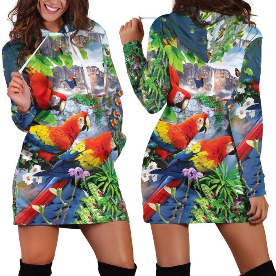 All Over Printed Parrots Hoodie Dress H2399B