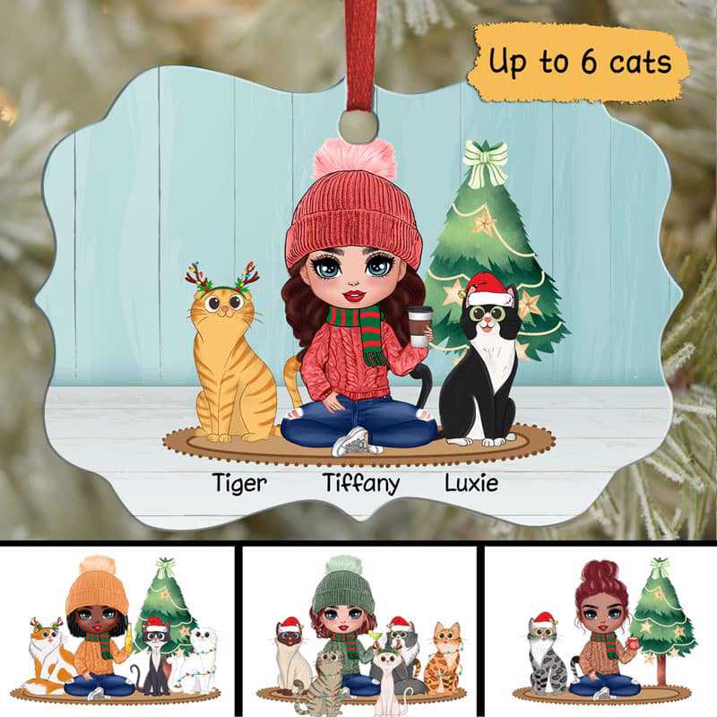 A Doll Girl And Her Cartoon Cat Personalized Christmas Ornament