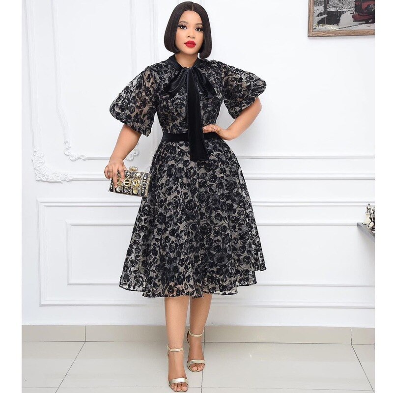 2021 Elegant Short Sleeve Dress Summer Women Fashion High Waist Floral African Clothes S-3XL Plus Size African Dress for Women alx