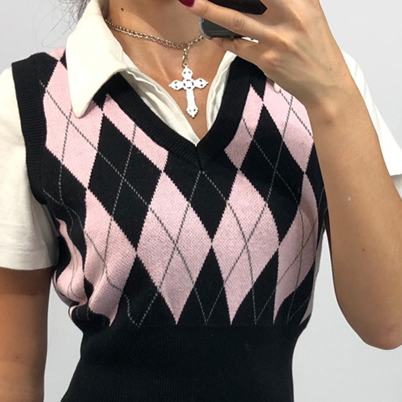 Vintage Y2K Crop Top Argyle Sweater Vest V Neck Sleeveless Tank Jumper Preppy Style Plaid Knitted Pullover Autumn Winter Clothes alx