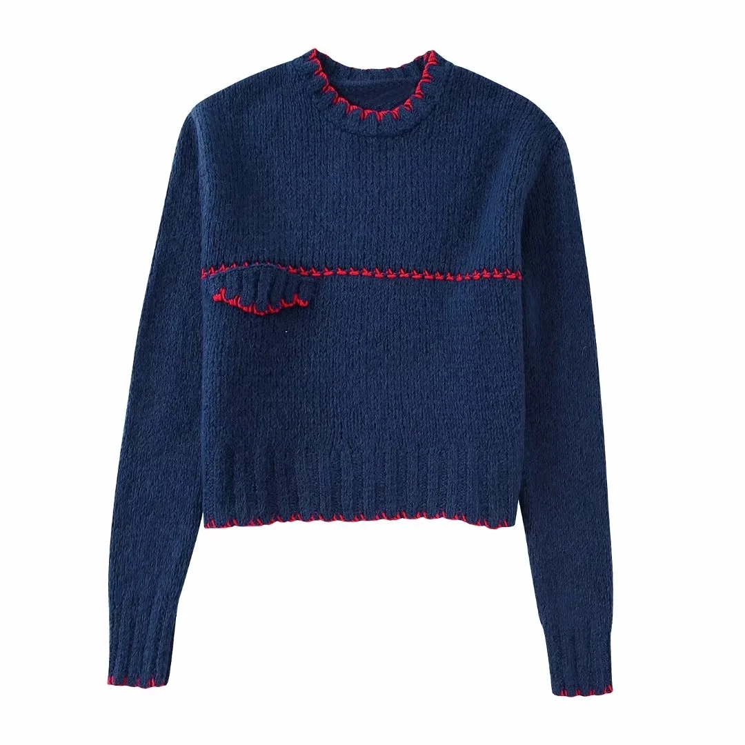 Autumn 2022 New Women’s Round Neck Sweaters Contrast Color Stitch Crop Jumper Tops Navy Knitted Pullover Short Knitwear Sueter alx