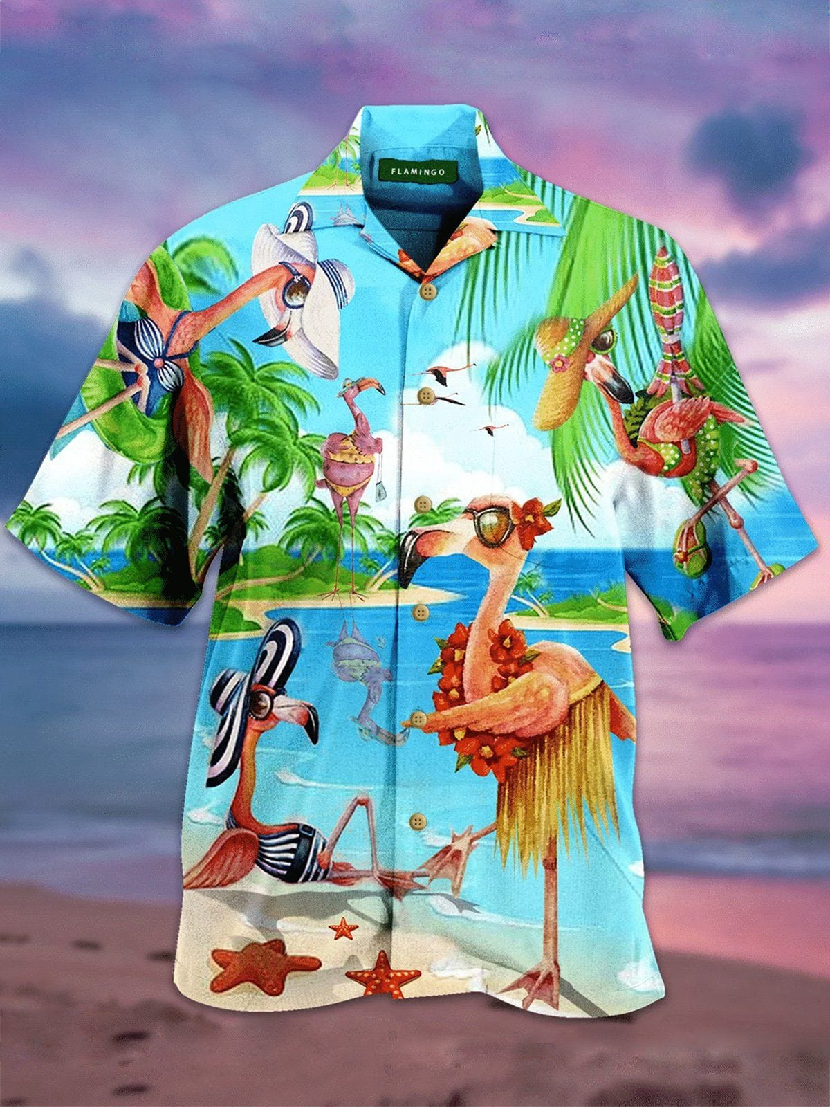 Funny Flamingoes On Beach Tropical Unisex Hawaii Aloha Shirts Ha40288