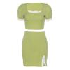 2Pcs Women Summer Outfit, 2021 Fashion Lace Trim Square Neck Short Sleeves Crop Tops + High-Waist Slit Skirt for Girls, Green alx