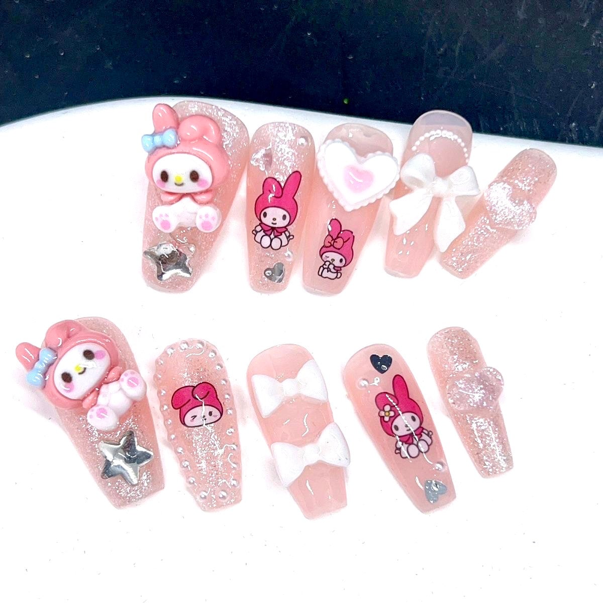 Translucent Pink Cute Bunny/ Melody Press On Nails/ Princess nails/ kawaii nails #328