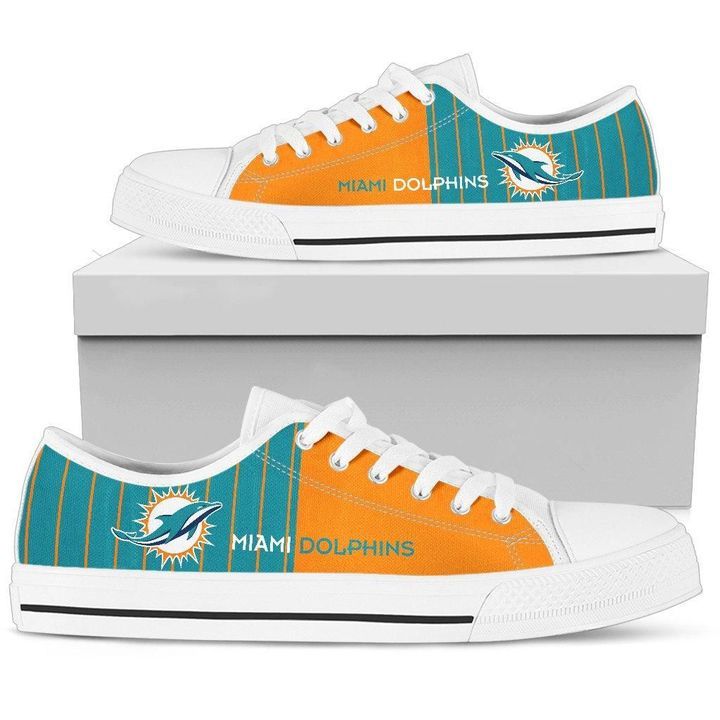 White Low Top Canvas Custom Shoes Gift For Men Simple Design Vertical Stripes Miami Dolphins