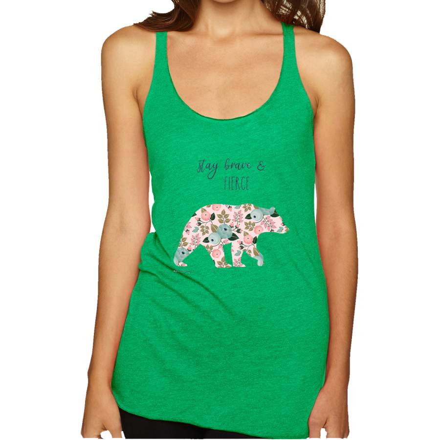 Stay Brave and Fierce Cute Mosaic Flower Bear Animal Lover Tri-Blend Racerback Tank Top