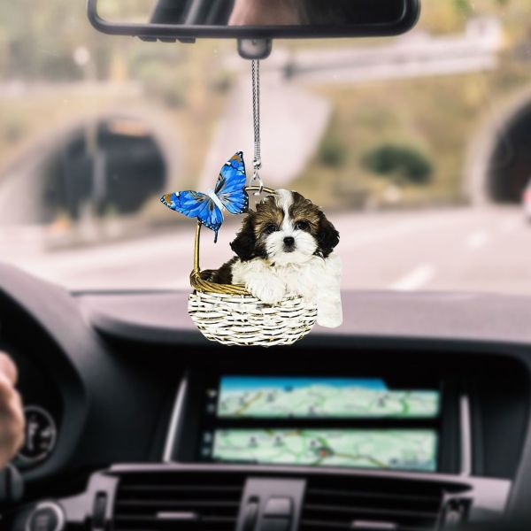 Shih-Tzu Puppy In Basket With Butterfly Car Hanging Ornament