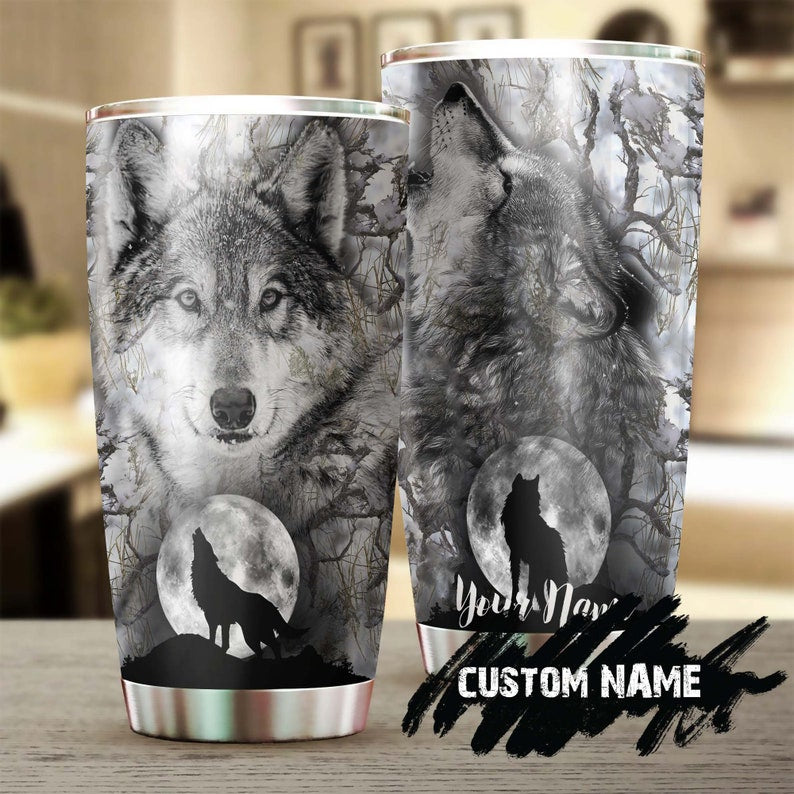 Wolf Howling Up The Moon Personalized Stainless Steel Tumbler – Wolf Lover Tumbler- Birthday Gift – Gift For Her For Him – Unique Present