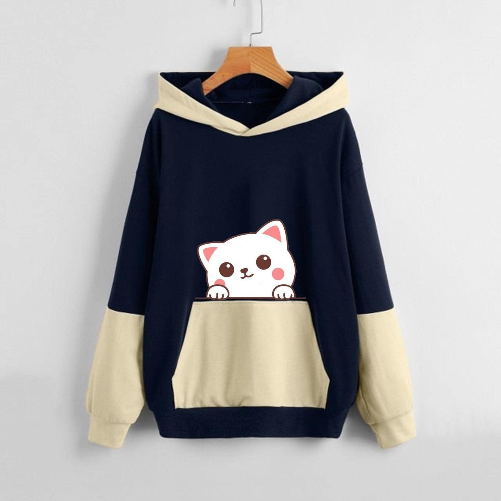 Cartoon Cat Printed Hoodies Fall Sweaters Women Teens Kawaii 1 Hooded Loose Color Block Sweatshirts winter clothes women alx