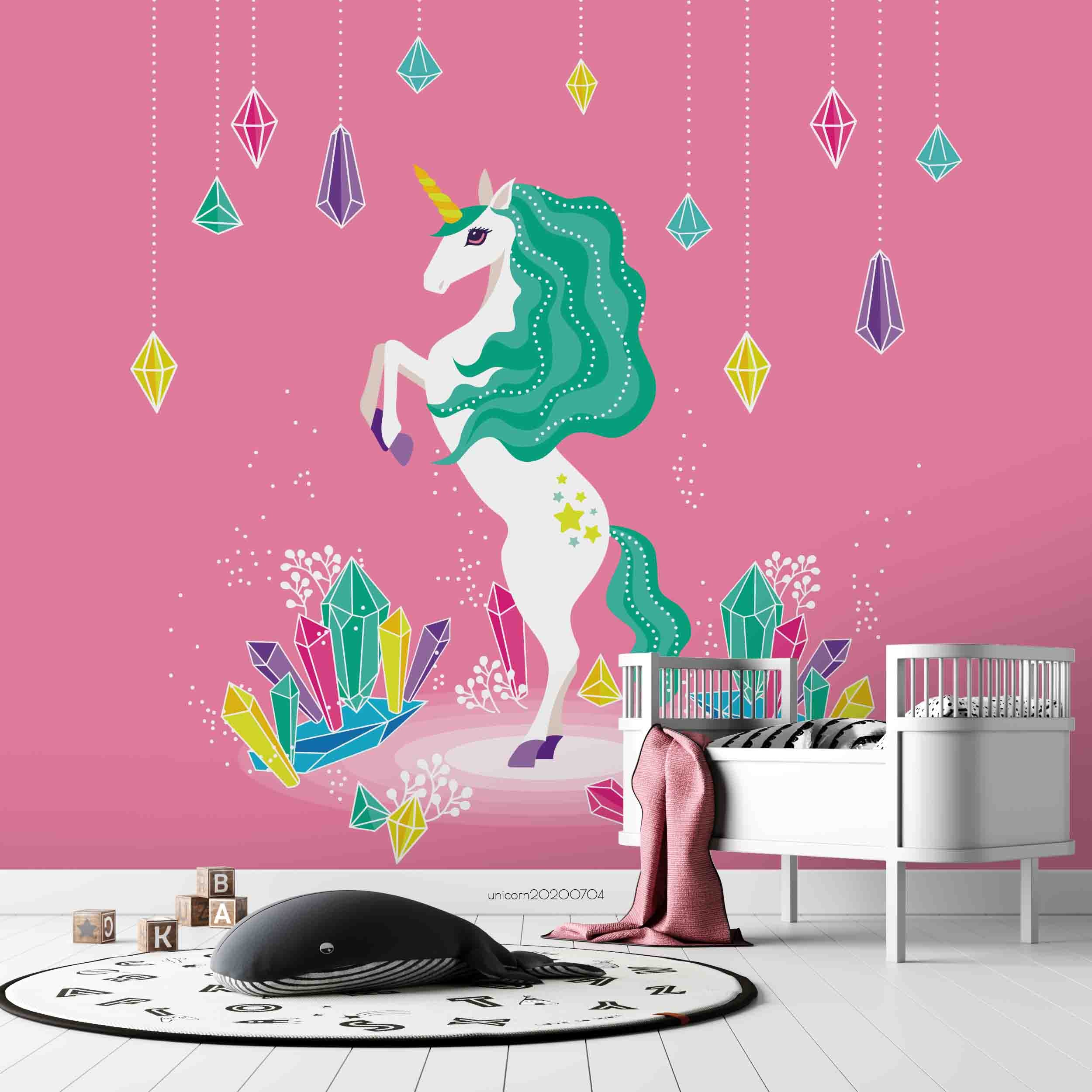 3D Cartoon Diamond Green Hair Unicorn Wall Mural Wallpaper Lxl 177