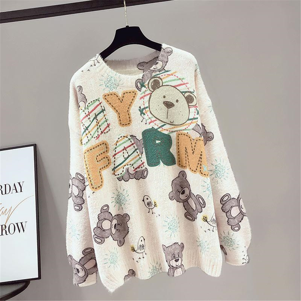 Cute Bear Print Sweater Oversize Harajuku Tops Long Sleeve Jumper Autumn Anime Streetwear Knitted Coat Vintage Korean Clothing alx