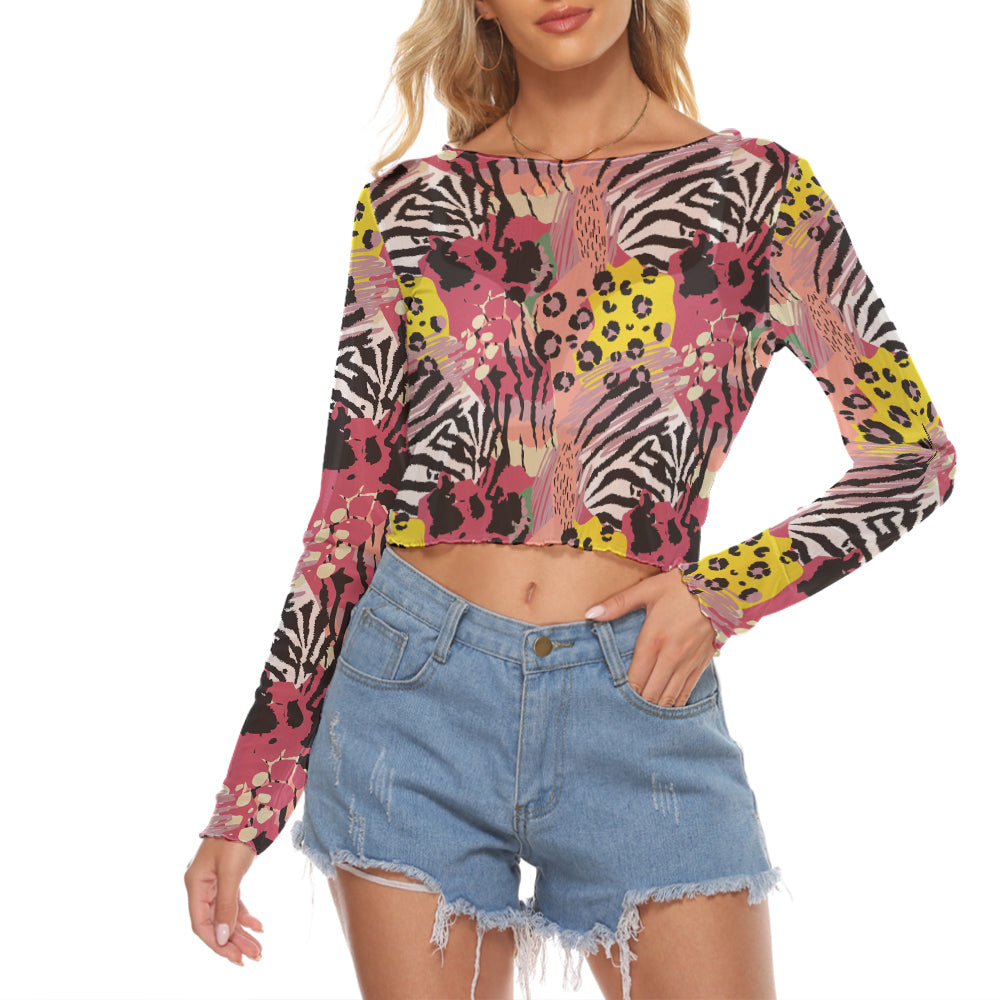 Exotic Leopard Skin Mesh Long Sleeves Crop Top