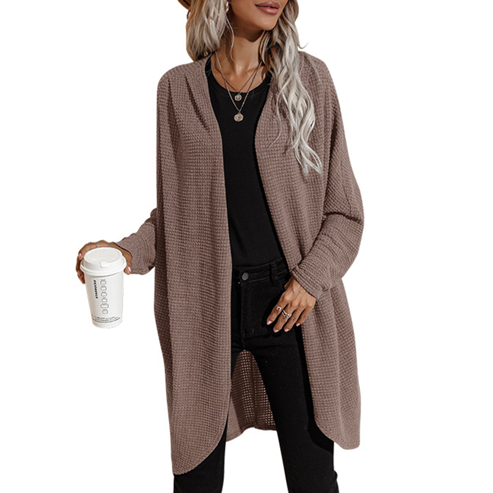 Women’s casual long sleeved cardigan, solid color, versatile, medium and long woven twist knit sweater, irregular design of coat alx