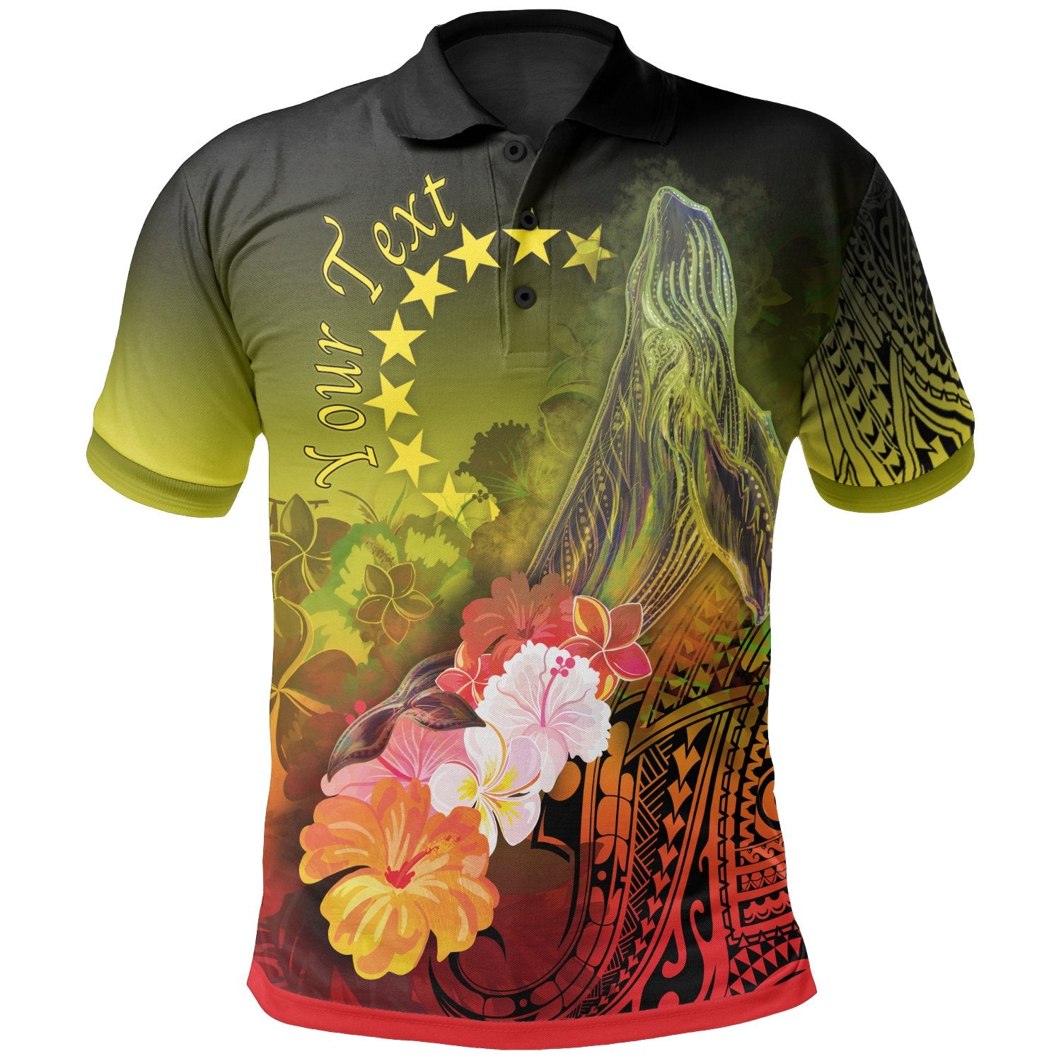 Cook Islands Custom Personalised  Polo Shirt – Humpback Whale With Tropical Flowers (Yellow)