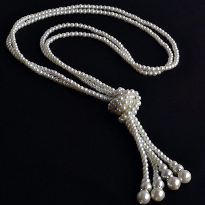 125cm Classic Double Knot Simulated Pearl Tassel Long Necklace Long Knotted Tassel Necklace Female Fashion Sweater Boho Jewelry alx