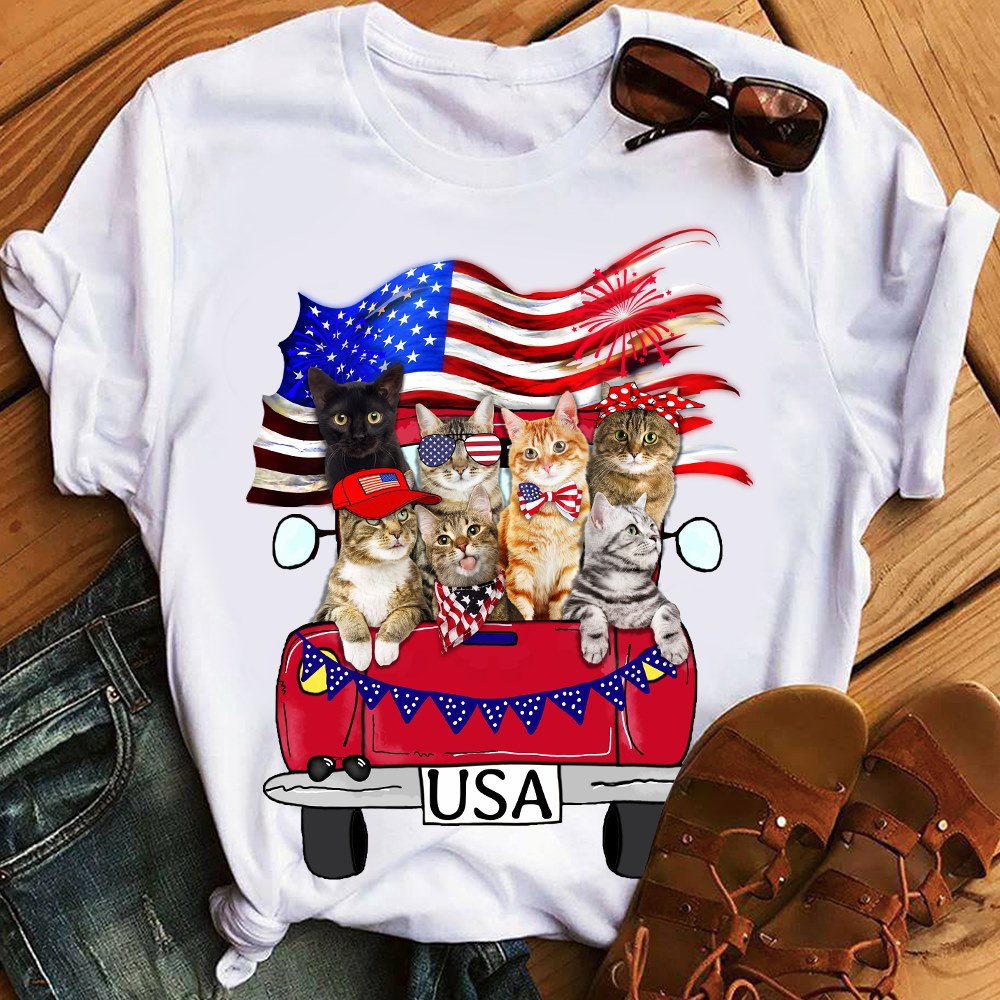 Funny Cats Loves, Cat With Truck American Flag  Fourth Of July  T-Shirt