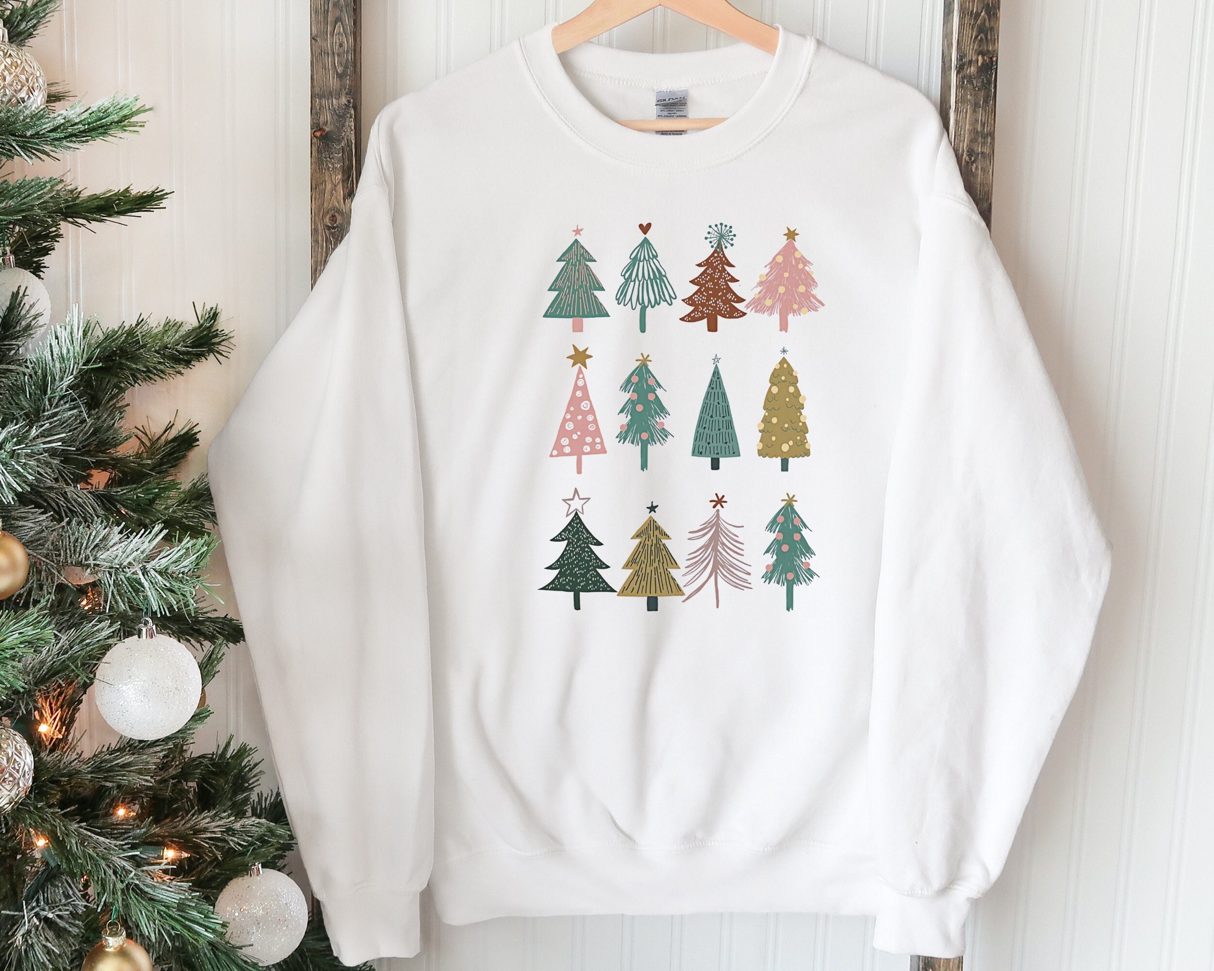 Christmas Sweatshirt, Christmas Boho Trees Sweatshirt , Christmas Sweatshirt for Women, Christmas Minimal Tree, Cute Ugly Christmas Sweater