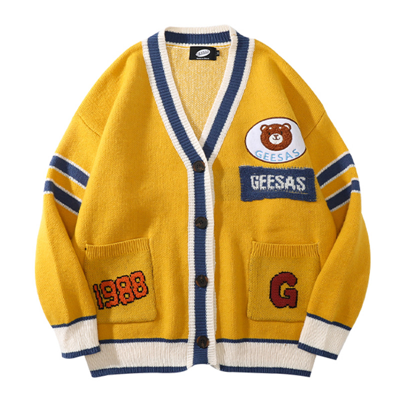 Abfer Autumn Men’s Knitted Cardigan Sweater Winter Clothes Kawaii Bear Embroidery Button-down Oversized Coat Harajuku Jackets alx