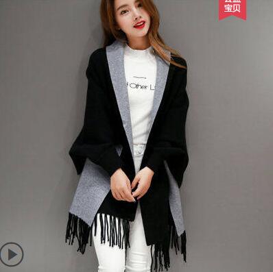 Autumn Winter Fashion Lady Tassel Knitted Shawl Sweater Women Solid Tassel Batwing Sleeve Poncho Cardigan wrap swing alx