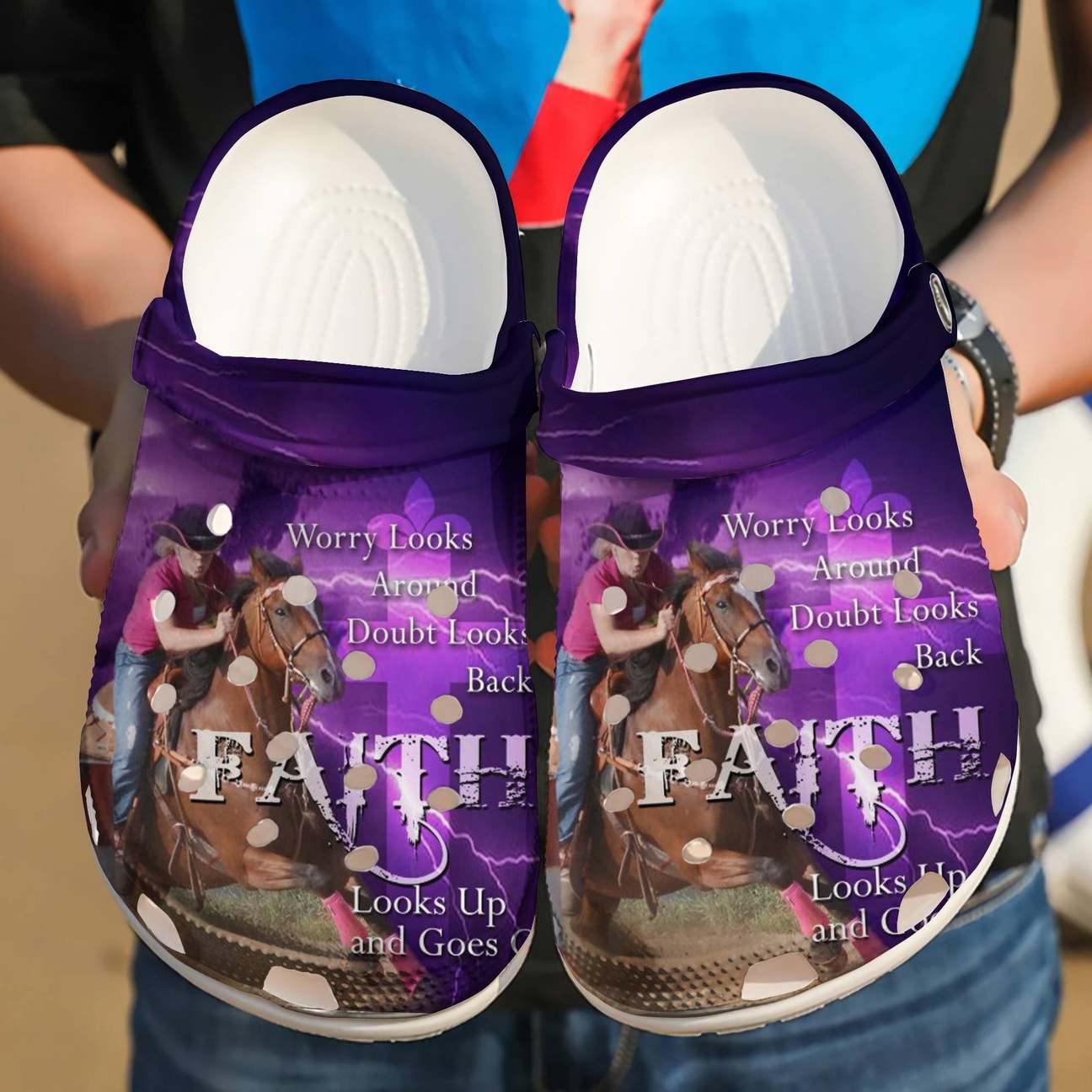 Barrel Racing Personalized Clog, Custom Name, Text Faith Looks Up And Goes On, Fashion Style For Women, Men, Kid, Print 3D