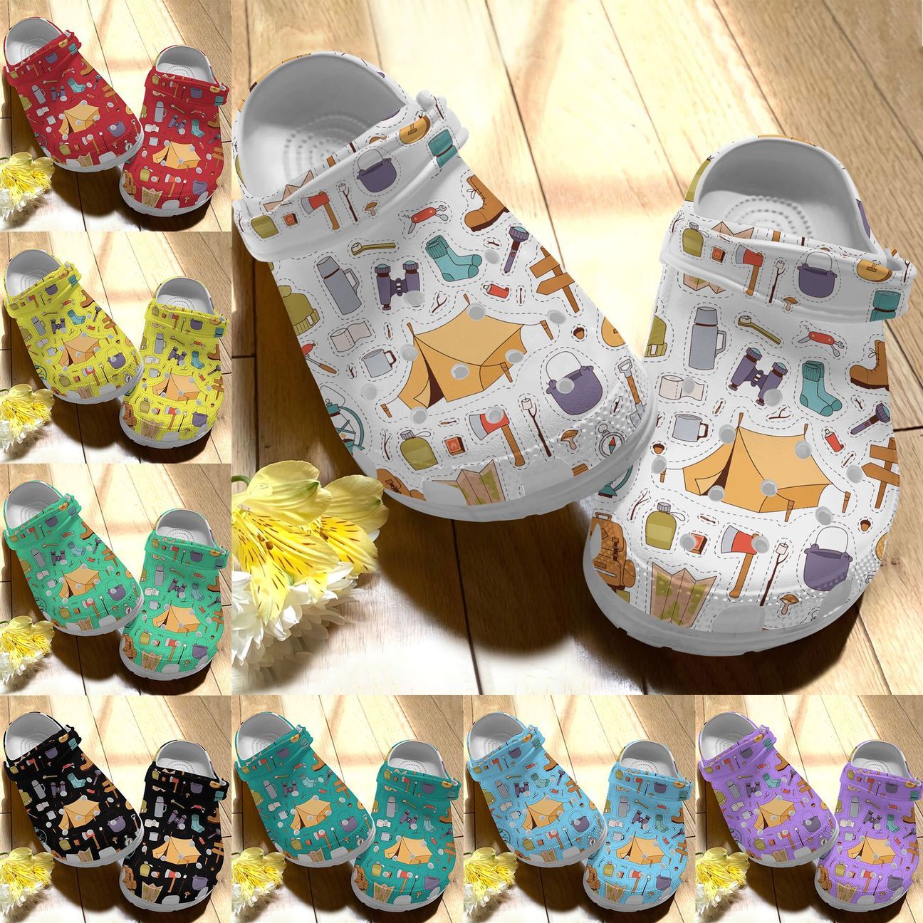 Camping Personalize Clog, Custom Name, Text, Fashion Style For Women, Men, Kid, Print 3D Whitesole Camping Pattern (10 Colors)