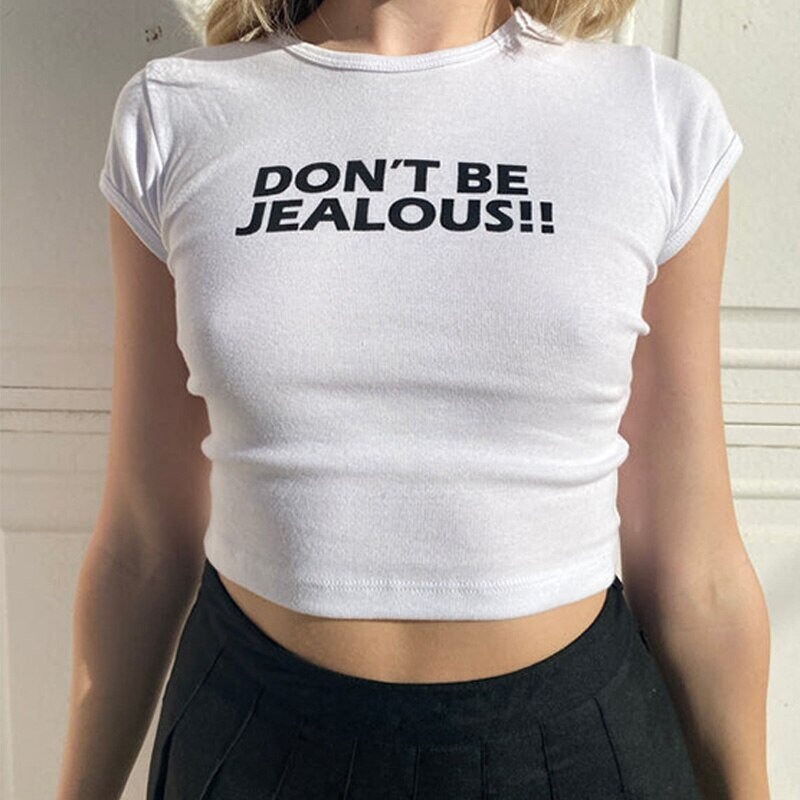 Don’t Be Jealous Y2K Slogan Crop Tee, Streetwear Harajuku Tee White 90s Y2K Fashion Letter Print Kawaii Baby Tee Summer Crop Slim Fit 2000