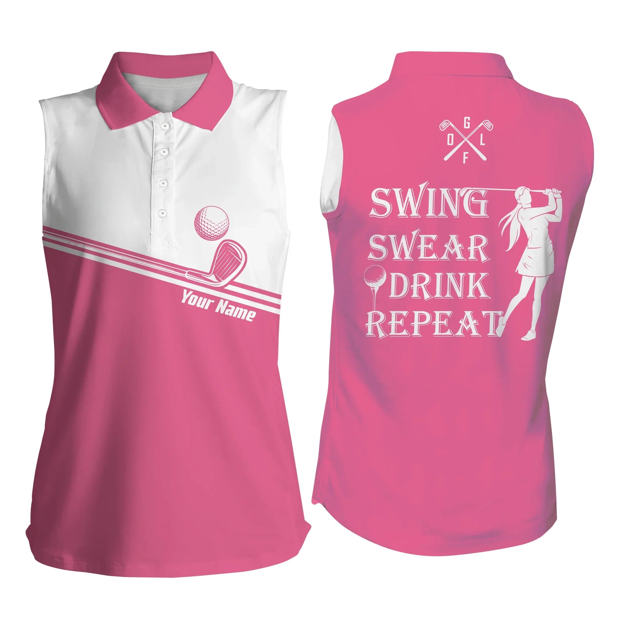 Womens Sleeveless Polo Shirt, Swing Swear Drink Repeat Custom Name Pink White Ladies Golf Tops