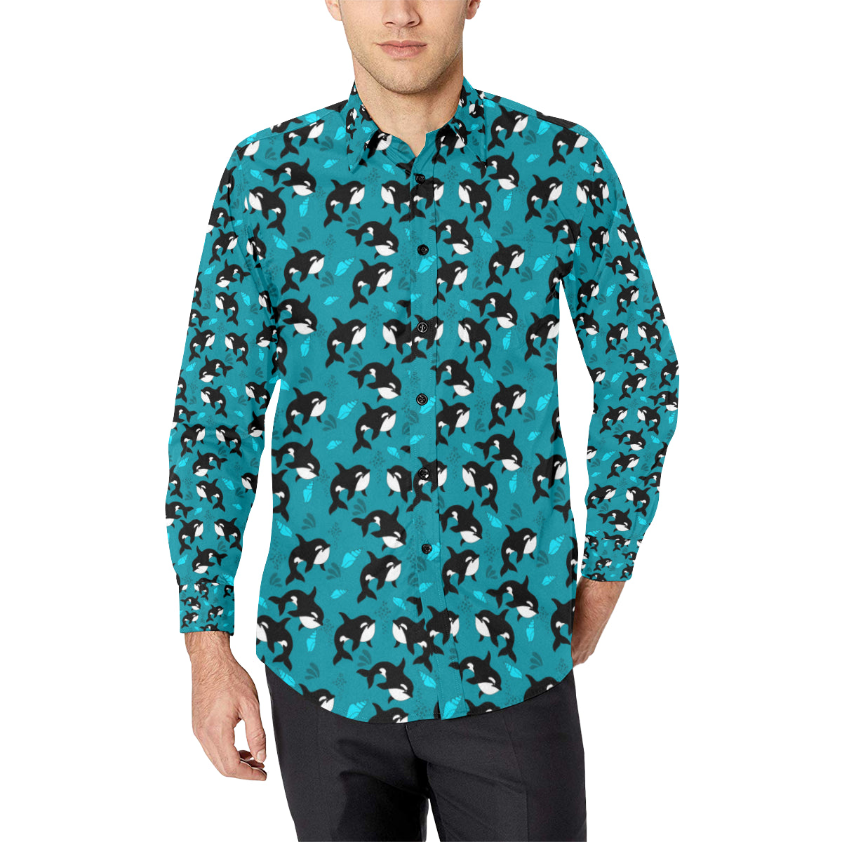 Whale Sea Design Themed Print Long Sleeve Dress Shirt